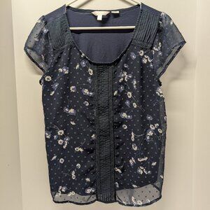 LC Lauren Conrad Blue & White Swiss Dot Floral Blouse